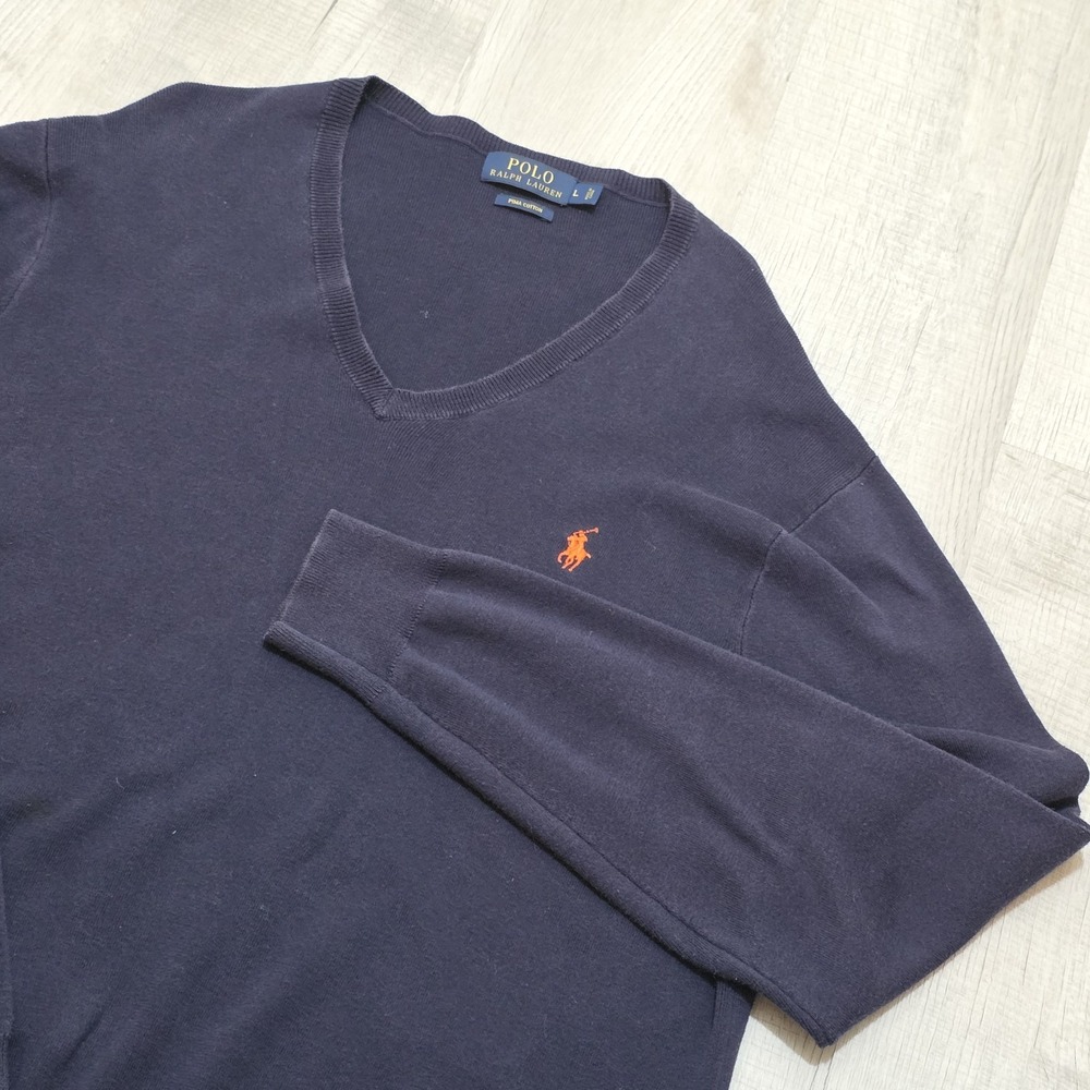 Vintage Polo‎ Ralph Lauren Sweater Large V-Neck Pullover Navy Blue Pima Cotton